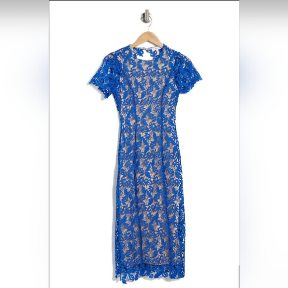 NWT! NSR,  Mia Lace Short Sleeve Open Back Midi Dress, Blue/Nude, Size S - Picture 2 of 11
